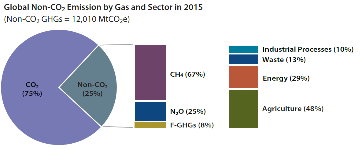 Pie graph showing global CO2 emissions by gas and sector